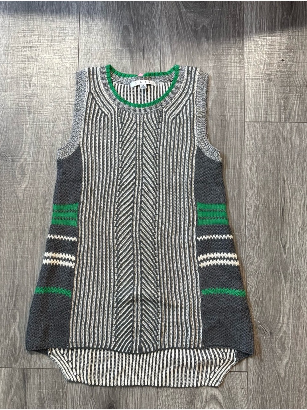Cabi Trident Sweater Vest in Gray, White & Green Trim